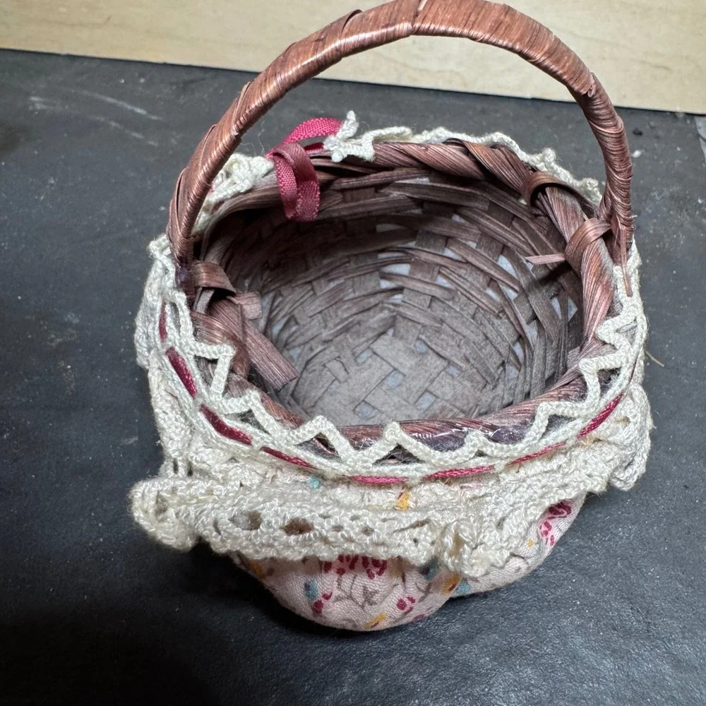 Miniature Woven Basket Crochet Lace Trim Floral‎ Fabric Burgundy Ribbon Easter